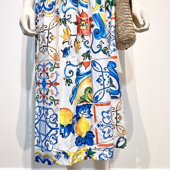 DOLCE Italian Majolica Tie Strap Maxi Sundress Painted Tile Print • Style of D&G - Picture 11 of 15